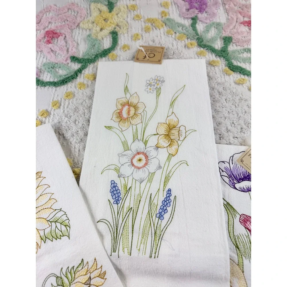 C&F Home Floral Embroidered Flour Sack Kitchen Towels Set of 5 Cotton White New